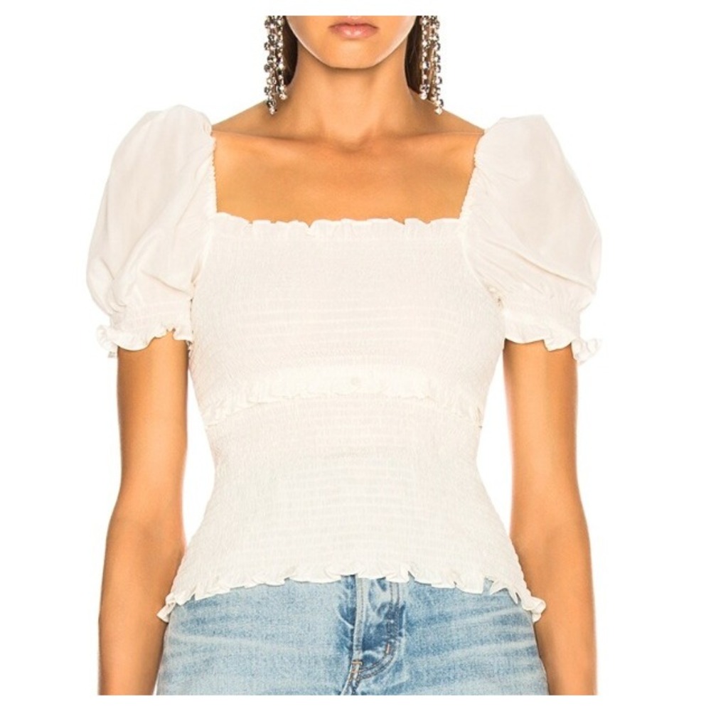 Cinq a‎ Sept Ellis Silk Smocked Top Short Sleeve Ivory White NWT Med Balletcore